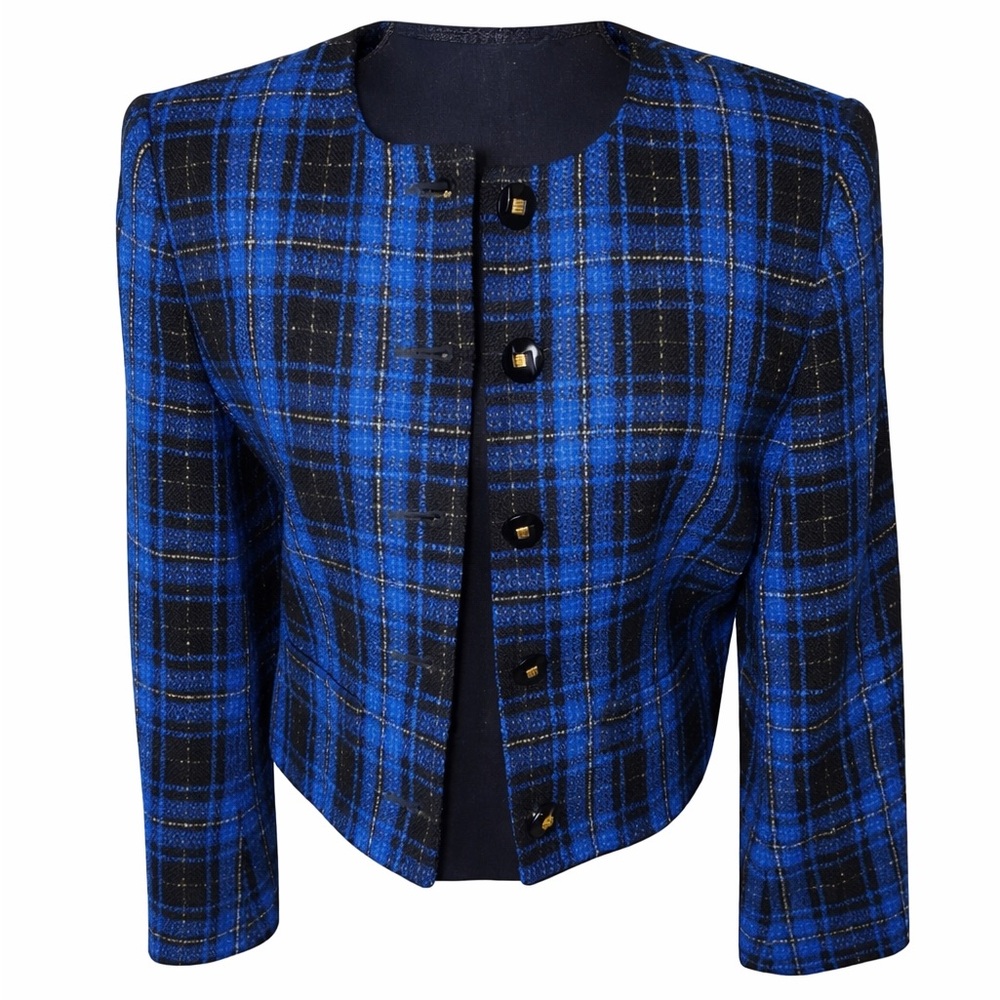 Vintage Petite Sophisticate Blue‎ Plaid Cropped Jacket 90s Preppy Blazer